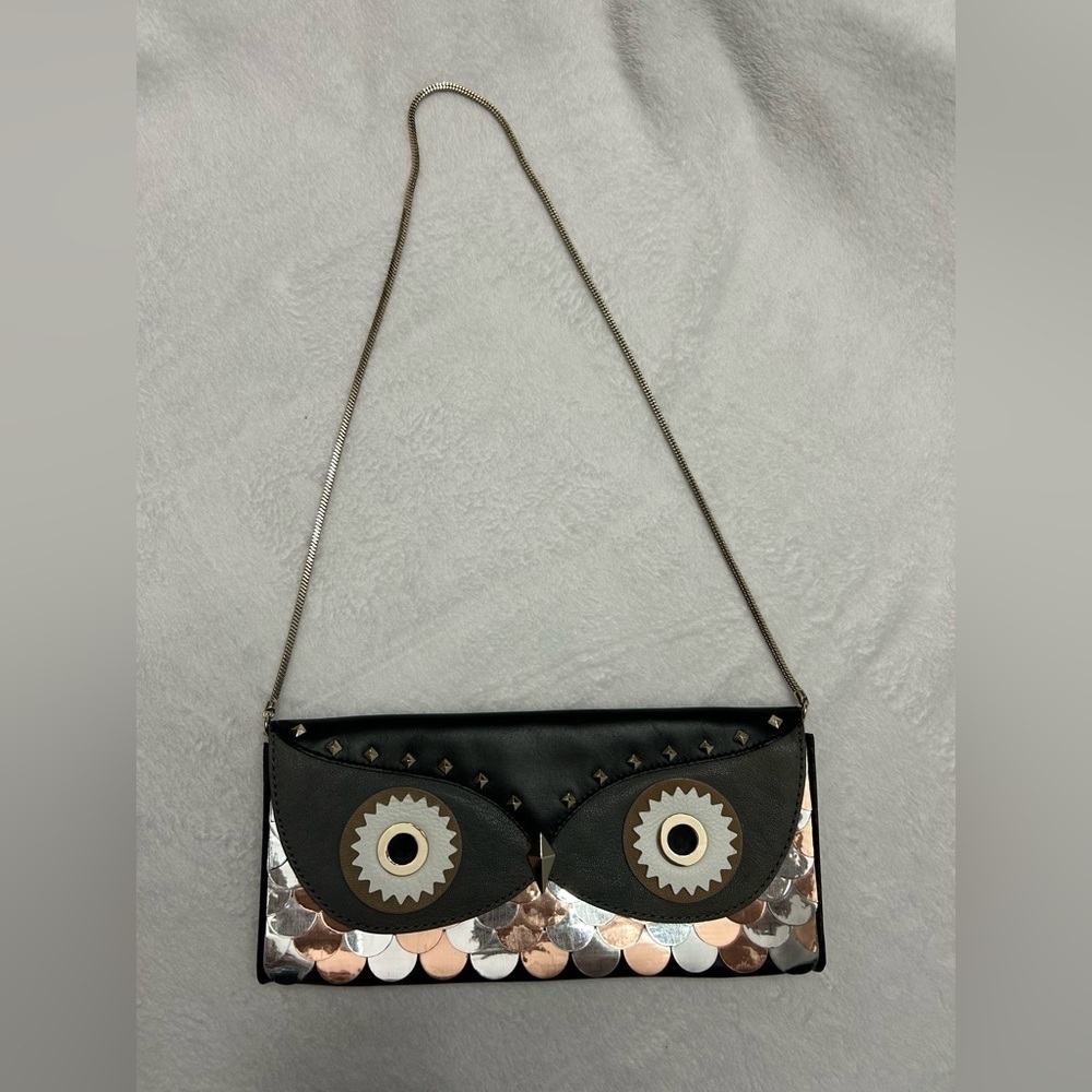 Kate Spade kawaii Wise Owl Leather Metallic Clutch Convertible Shoulder Purse